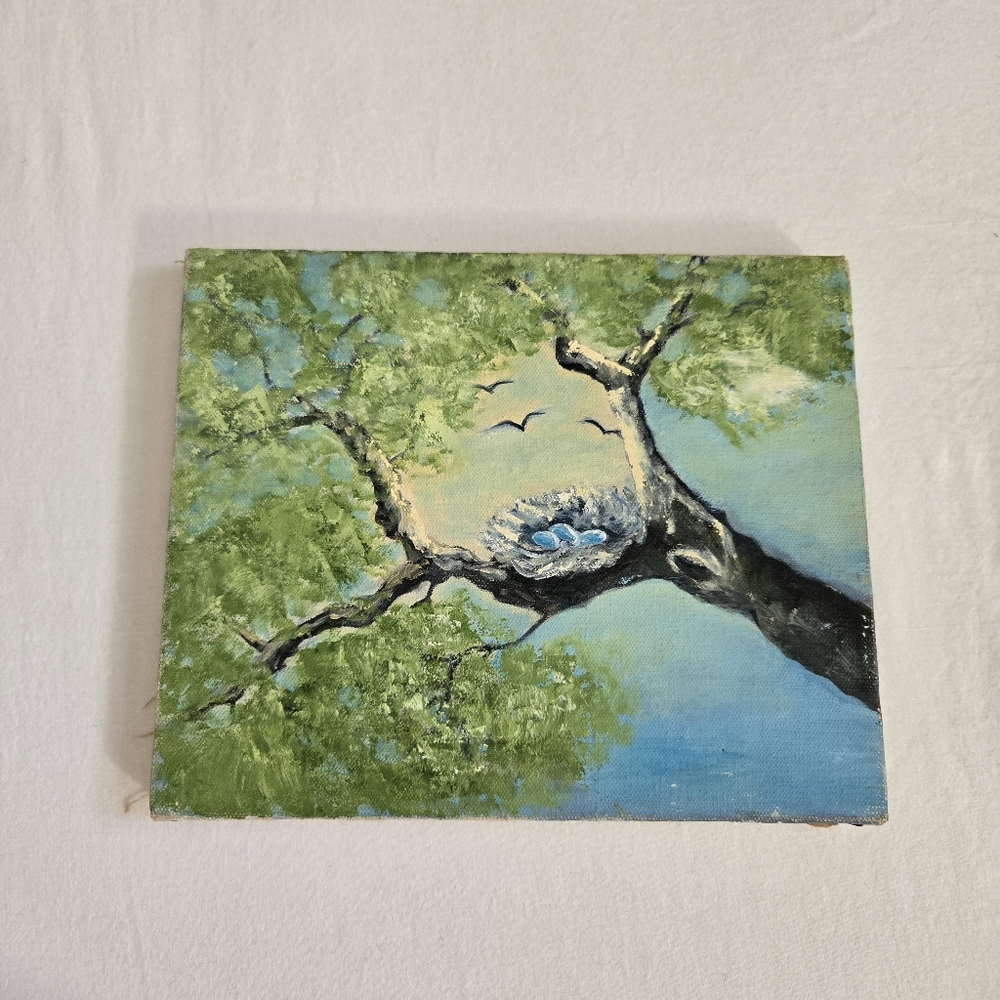 Original Hobbyist Painting Tree Branch Bird's Nest Blue Eggs Robin Canvas Green